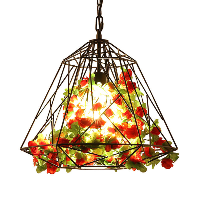 Vintage Geometric Pendant Ceiling Light in Black with Metal LED Flower Suspension