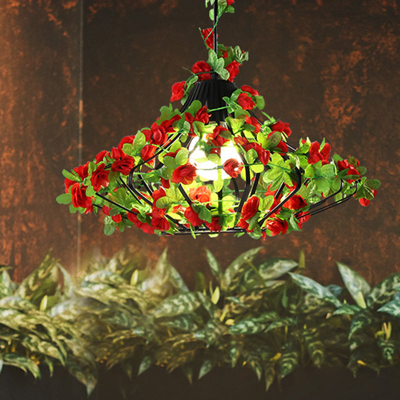 Antique Black/White Metal Cage Hanging Lamp With Flower Decor - Led Suspension Pendant For