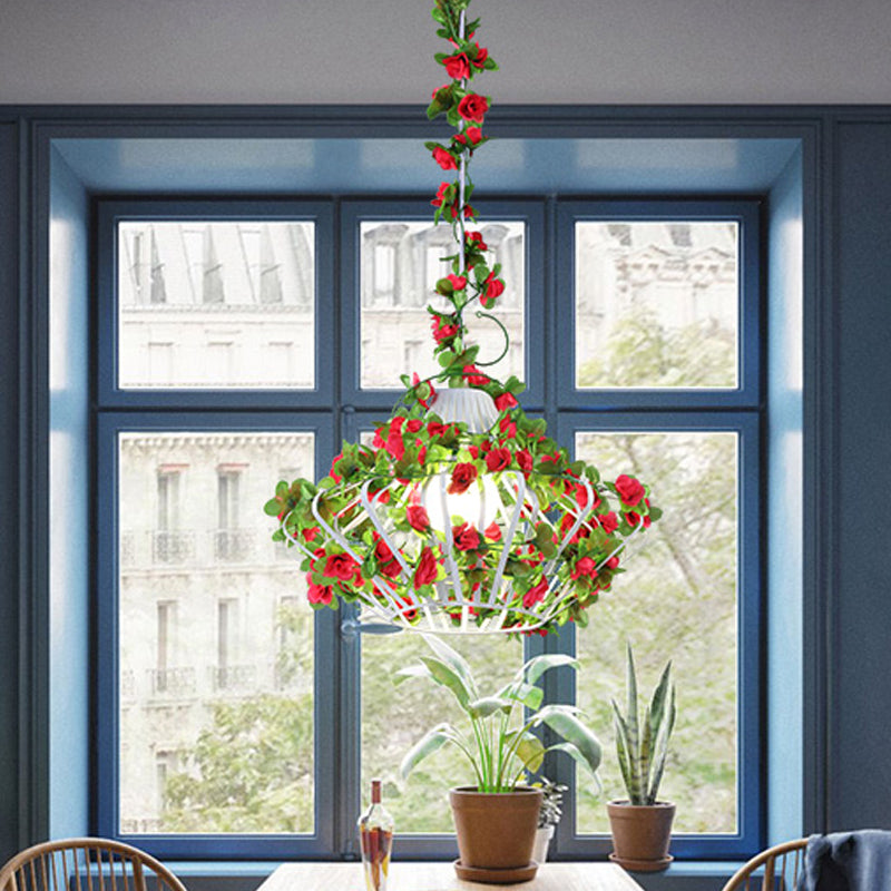 Lampe suspendue en métal noir/blanc - Style antique, suspension LED avec décor floral pour restaurants