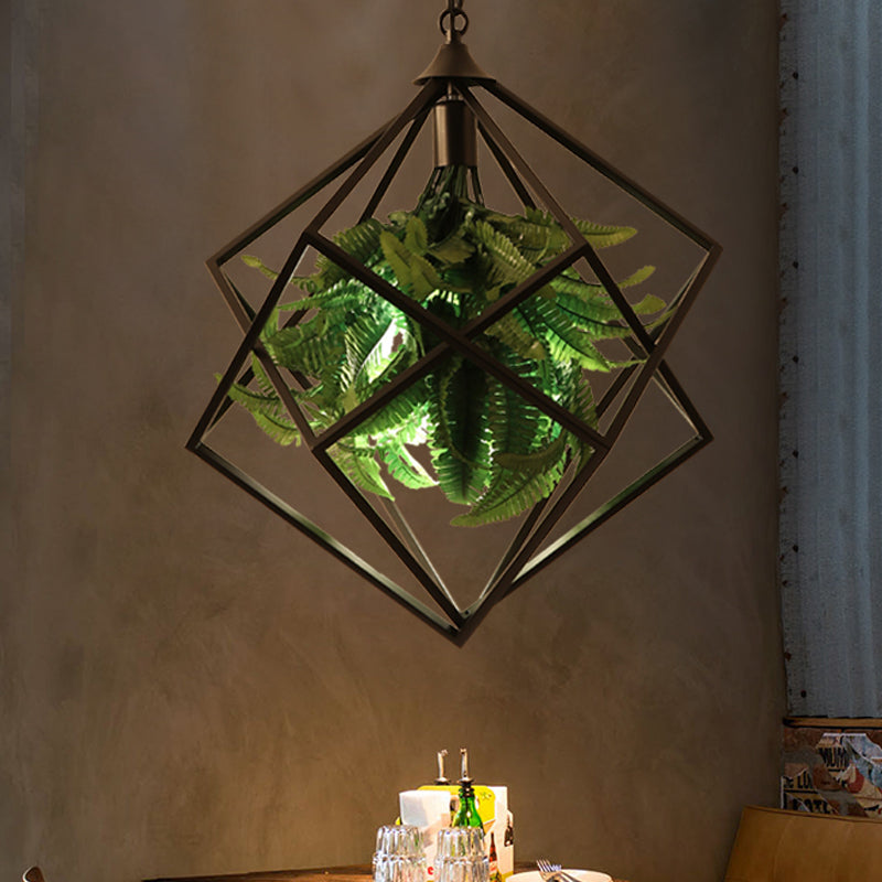 Plafonnier géométrique rétro avec plante, ampoule LED et finition noire - 18"/21,5" de large