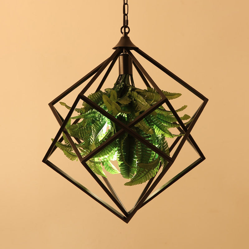 Plafonnier géométrique rétro avec plante, ampoule LED et finition noire - 18"/21,5" de large