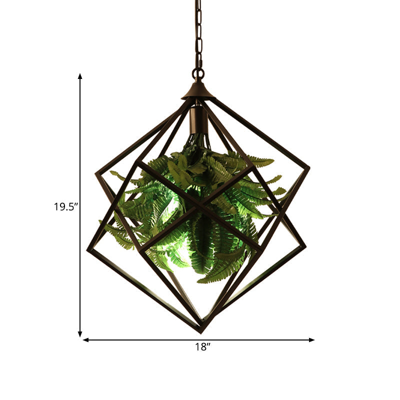 Plafonnier géométrique rétro avec plante, ampoule LED et finition noire - 18"/21,5" de large