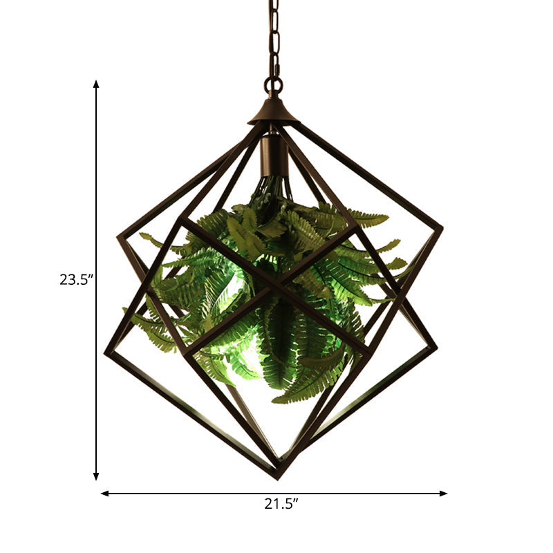 Plafonnier géométrique rétro avec plante, ampoule LED et finition noire - 18"/21,5" de large