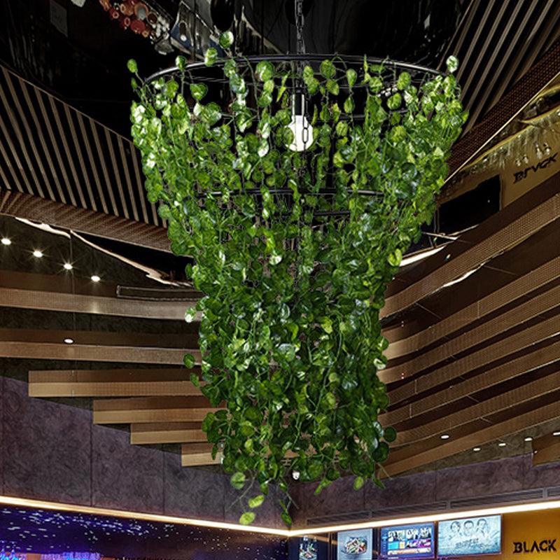 Industrial Metal Pendant Light With Led Bulb And Plant Decor In Black
