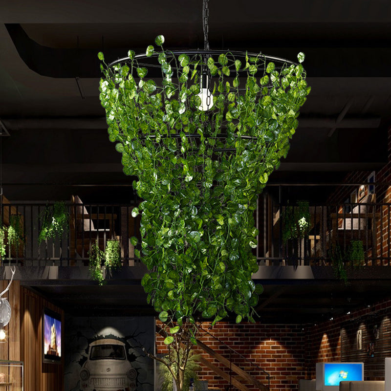 Industrial Geometric Metal LED Pendant Light in Black with Plant Decor