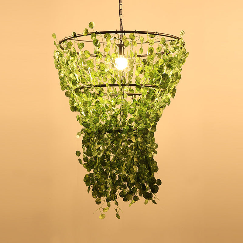 Industrial Metal Pendant Light With Led Bulb And Plant Decor In Black