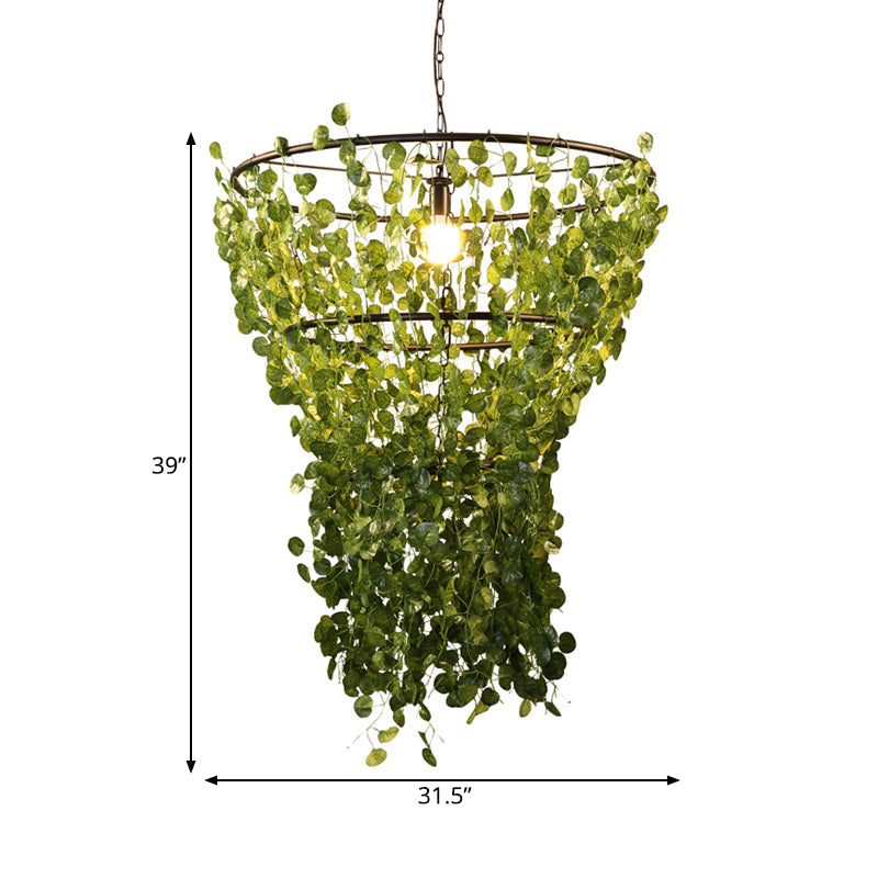 Industrial Geometric Metal LED Pendant Light in Black with Plant Decor