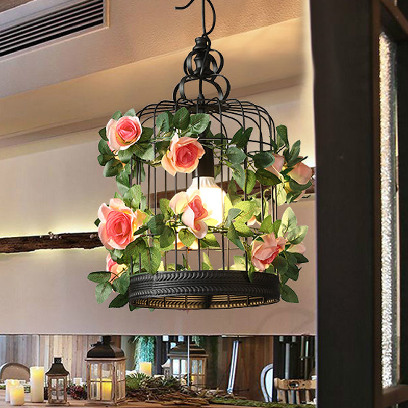 Industrial Metal Birdcage LED Pendant Lamp – Black, One Bulb, with Flower Decoration
