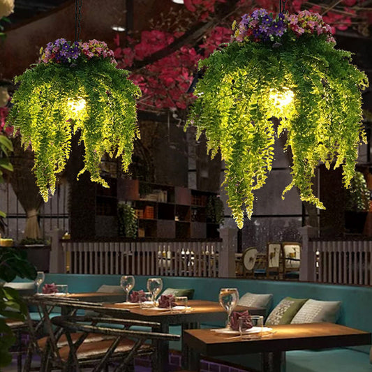 Vintage Metal Plant Drop Lamp: Green LED Pendant Lighting for Restaurants