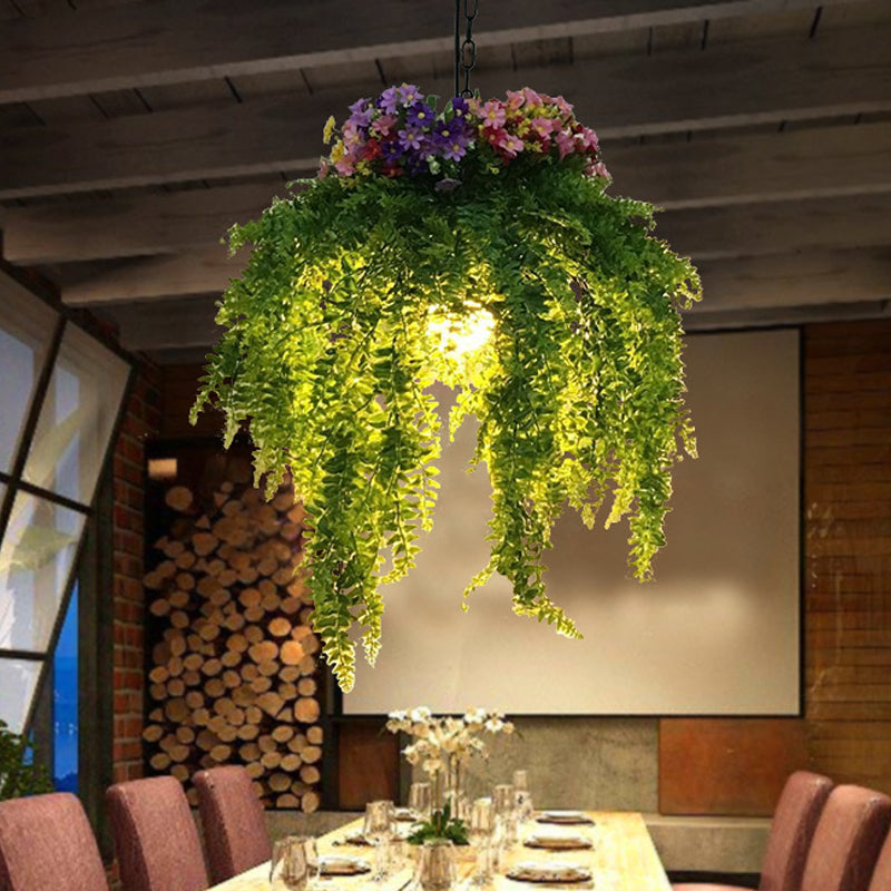 Vintage Metal Plant Drop Lamp: Green LED Pendant Lighting for Restaurants