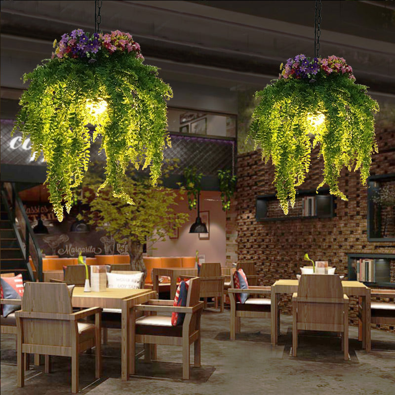 Vintage Metal Plant Drop Lamp: Green LED Pendant Lighting for Restaurants