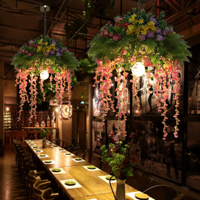 Green Vintage Flower Dome Pendant Light Kit For Restaurants - 1 Metal Led Drop