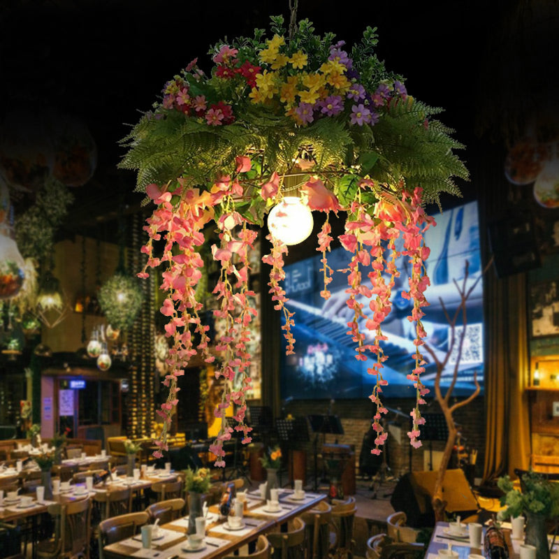 Green Vintage Flower Dome Pendant Light Kit For Restaurants - 1 Metal Led Drop