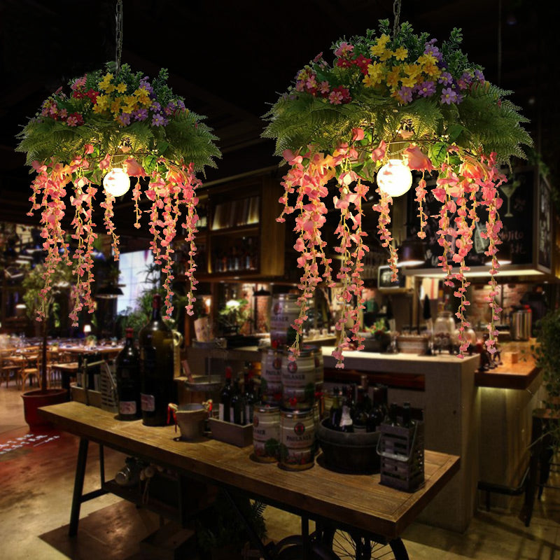 Green Vintage Flower Dome Pendant Light Kit For Restaurants - 1 Metal Led Drop