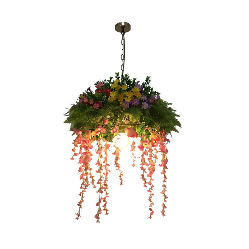 Green Vintage Flower Dome Pendant Light Kit For Restaurants - 1 Metal Led Drop