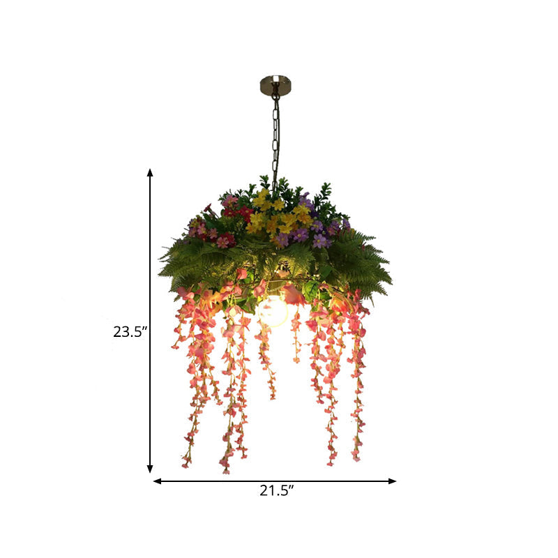 Green Vintage Flower Dome Pendant Light Kit For Restaurants - 1 Metal Led Drop