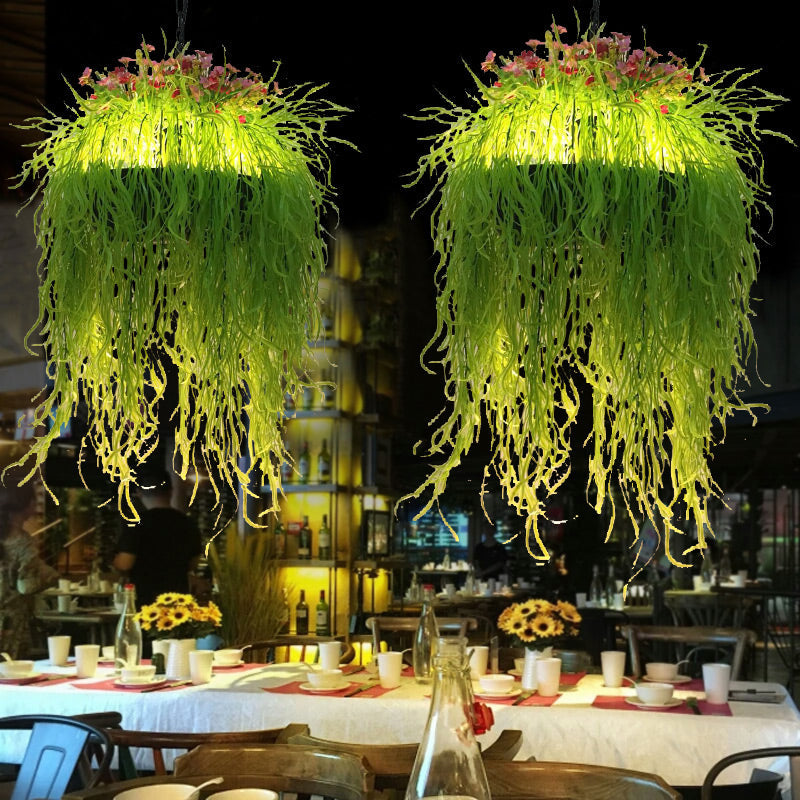 Antique Green Seaweed LED Pendant Light Fixture - 1 Light Metal Down Lighting for Restaurants