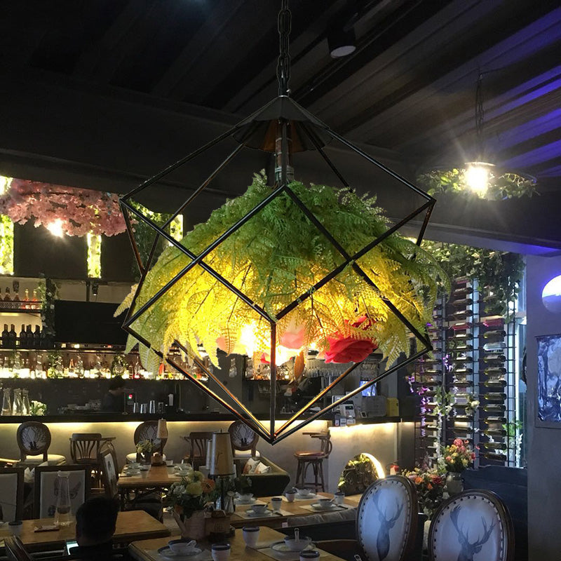 Metal Pendant Lamp Antique Black Geometric Design with Plant Decoration - 18"/21.5" Wide, LED Down Lighting for Restaurants