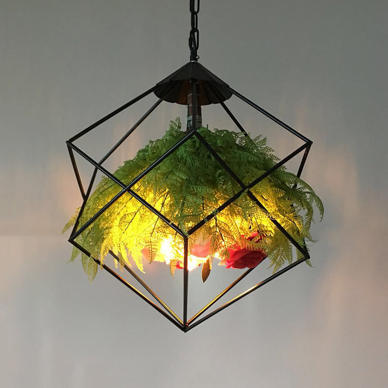 Metal Pendant Lamp Antique Black Geometric Design with Plant Decoration - 18"/21.5" Wide, LED Down Lighting for Restaurants