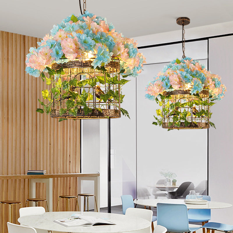 Suspension en métal et laiton en forme de cage à oiseaux avec décor floral - Lampe suspendue industrielle avec ampoule LED