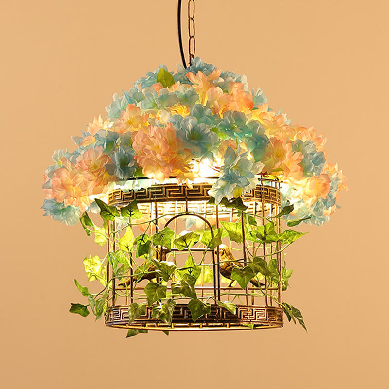 Metal Industrial Bird Cage Pendant Light With Led Bulb Brass Finish And Flower Decor