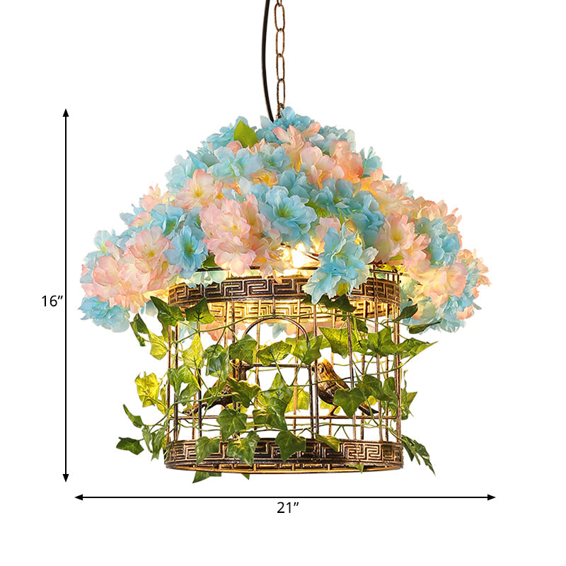 Metal Industrial Bird Cage Pendant Light With Led Bulb Brass Finish And Flower Decor