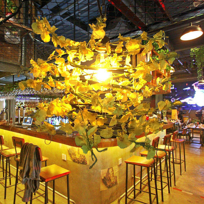 Antique Yellow And Green Plant Metal Ceiling Light - Restaurant Pendant With Led Down Lighting