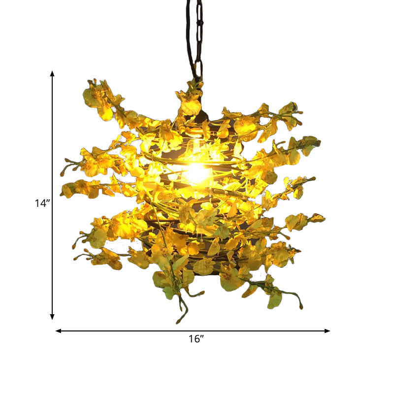 Antique Yellow And Green Plant Metal Ceiling Light - Restaurant Pendant With Led Down Lighting