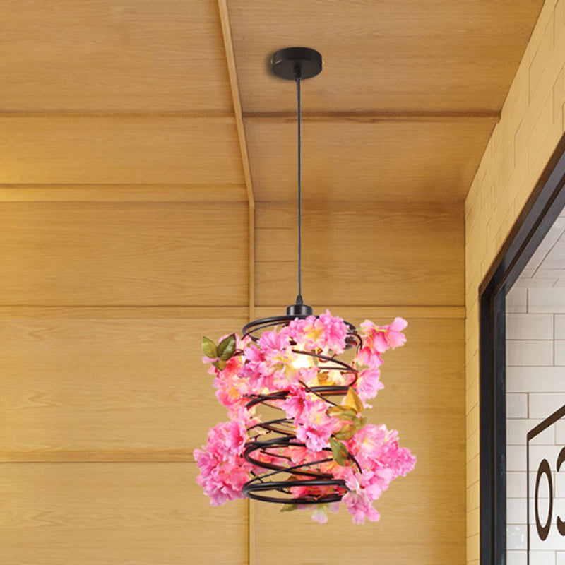 Vintage Metal Spiral Pendant Ceiling Light with LED Flower Design in Black