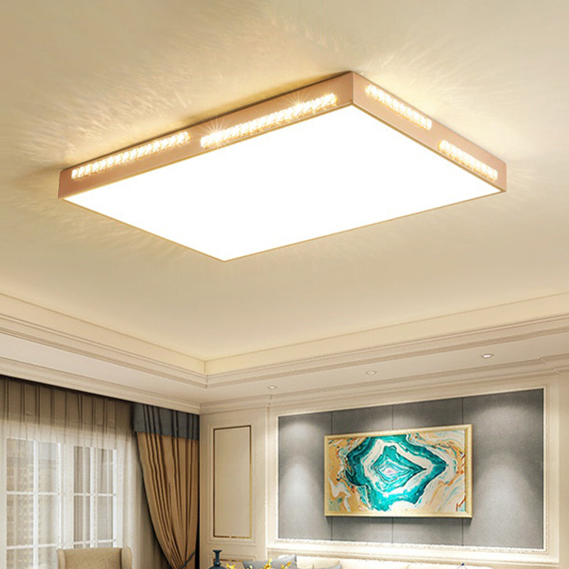 Golden Metal LED Flushmount Ceiling Lamp with Crystal Accents - Simple Square/Rectangular Design, 18"/21.5"/35.5" Wide for Bedroom