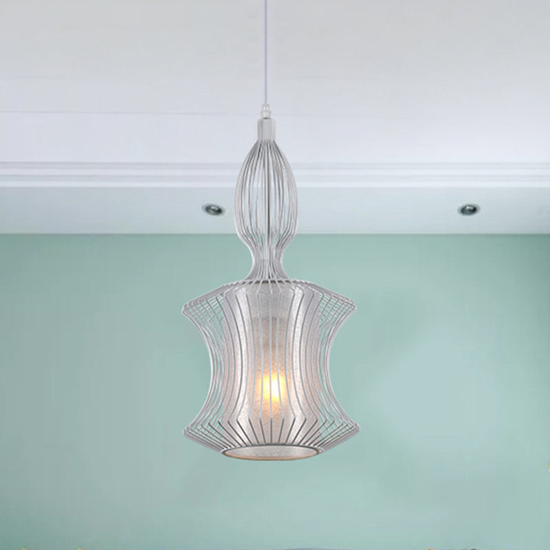 Modern Silver Lantern Pendant Light With Metal Cage And Cylinder Shade