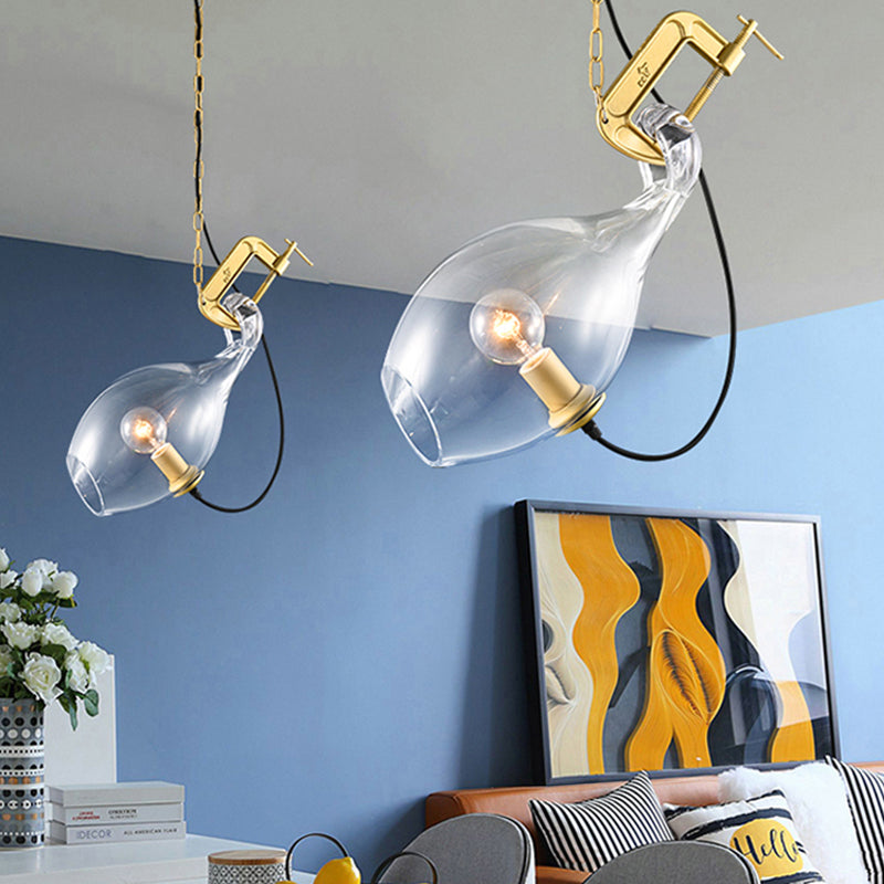 Modern Clear Glass Hanging Lamp With Gold Accents For Bedroom