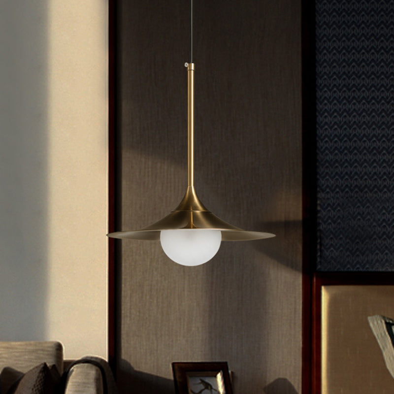 Brass Iron Horn Down Lighting Ceiling Lamp With Milk Glass Shade - Modern 1 Head Fixture