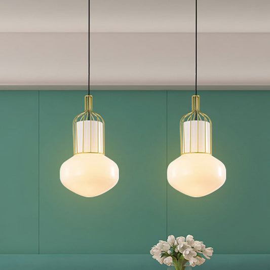 Modernist Gold Schoolhouse Pendant Light with Cage and White Glass Bulb
