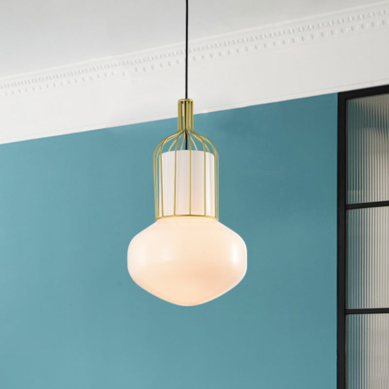 Modernist Gold Schoolhouse Pendant Light with Cage and White Glass Bulb