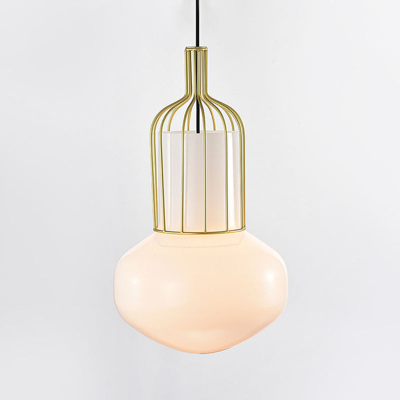 Modern Gold Schoolhouse Pendant Light Fixture With White Glass Cage - 1 Bulb Ceiling Lamp