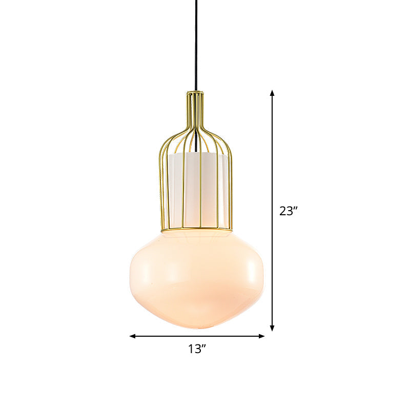 Modernist Gold Schoolhouse Pendant Light with Cage and White Glass Bulb