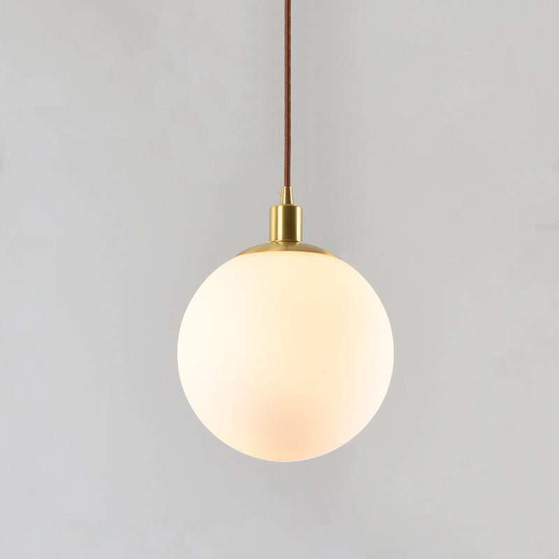 Frosted White Glass Pendant Lighting - 1-Light Brass Suspension Ceiling Lamp, 6"/8"/10" Wide