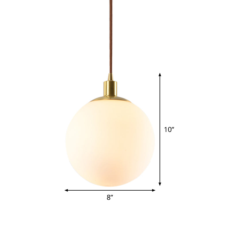 Frosted White Glass Pendant Lighting - 1-Light Brass Suspension Ceiling Lamp, 6"/8"/10" Wide