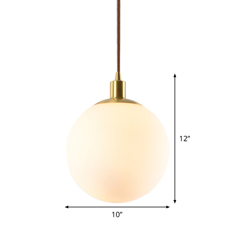 Frosted White Glass Pendant Lighting - 1-Light Brass Suspension Ceiling Lamp, 6"/8"/10" Wide