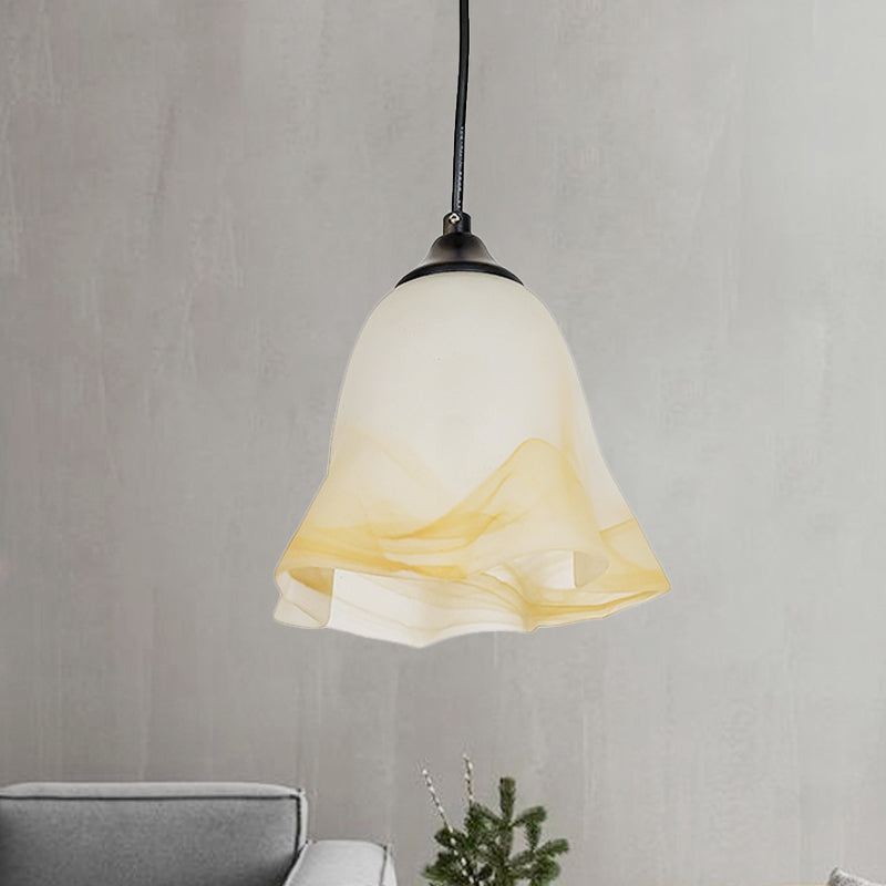 Modern Black Floral Ceiling Hang Fixture with White Frosted Glass Shade - 1-Light Down Light