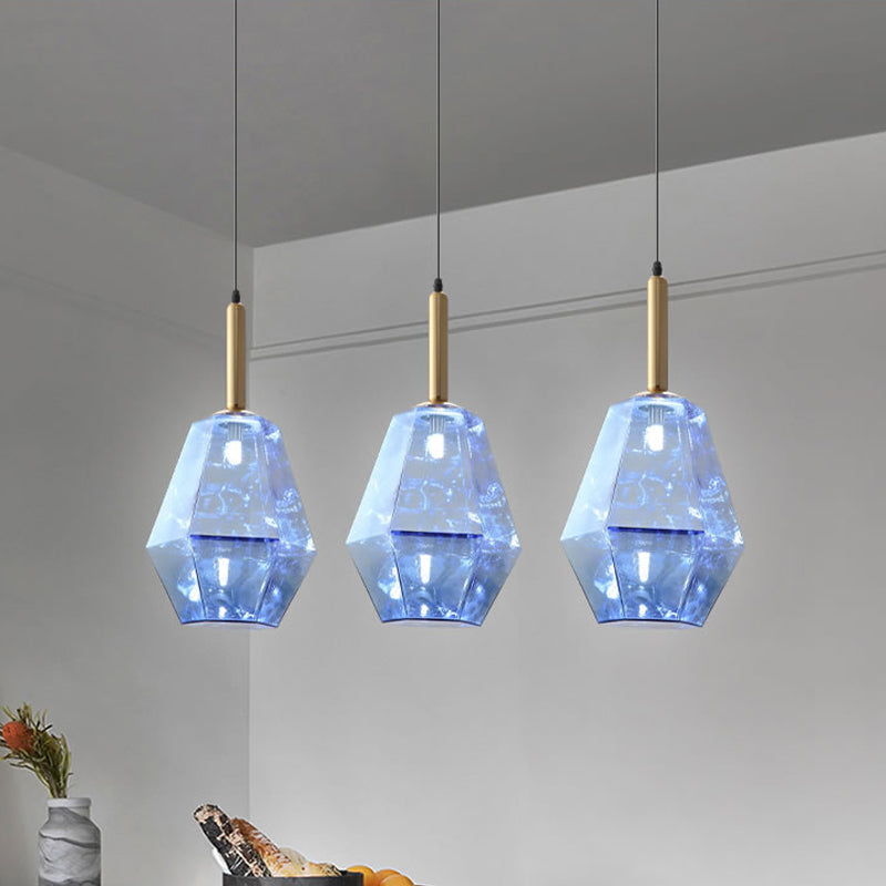 Blue Diamond Glass LED Pendant Light Kit with Contemporary Brass Fixture - 1-Light