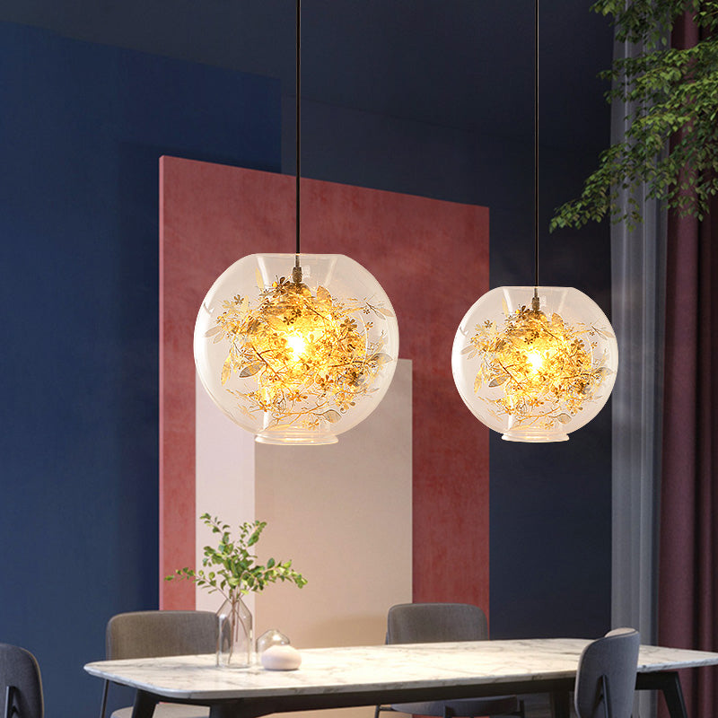 Modern Clear Glass Sphere Pendant: Gold Suspension Lamp With Shattered Leaves Detail