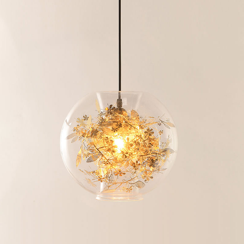 Modern Clear Glass Sphere Pendant: Gold Suspension Lamp With Shattered Leaves Detail
