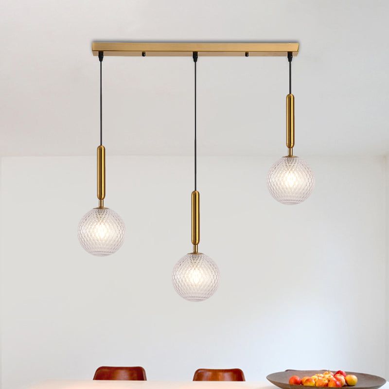 Modern Modo 3-Head Pendant Lamp with Clear Lattice Glass - Dining Room Cluster Light in Brass, 6"/8" Wide