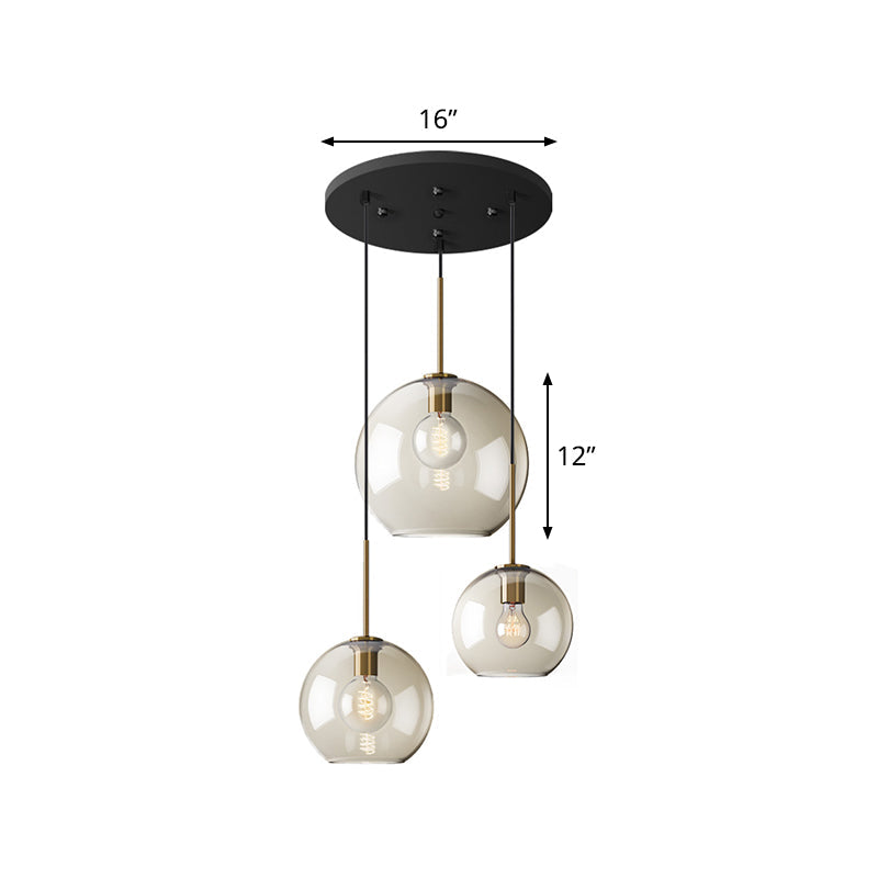 Minimalist 3-Light Pendant with Amber Glass Shade and Black Finish