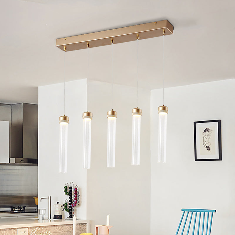 Minimalist Tubular Clear Glass Pendant Light With Brass Finish - 5-Light Cluster Ceiling Lamp