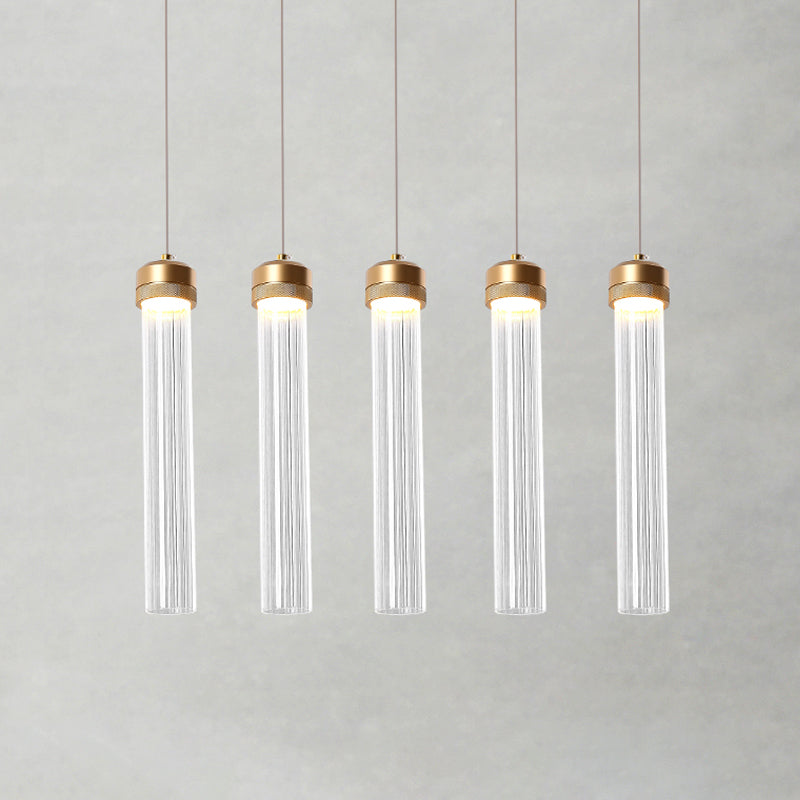 Minimalist Tubular Clear Glass Pendant Light With Brass Finish - 5-Light Cluster Ceiling Lamp