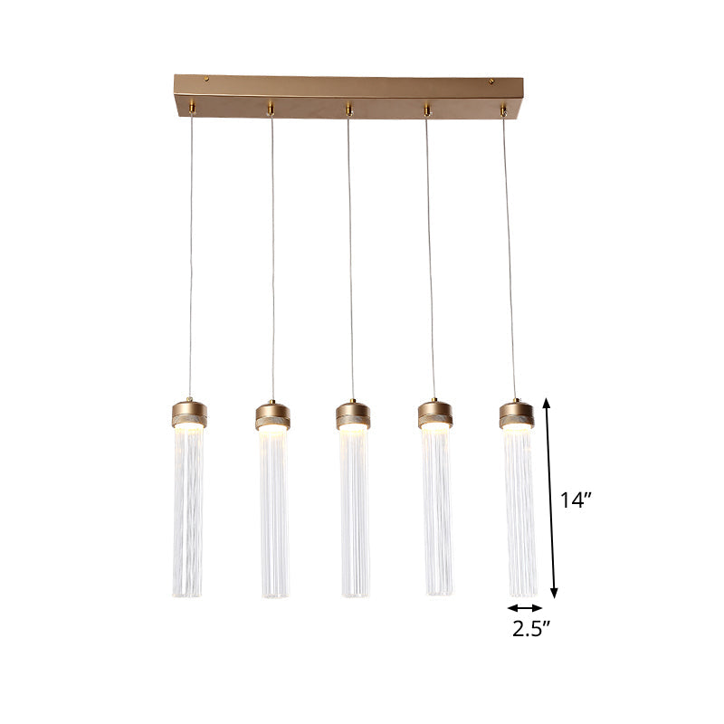 Minimalist Tubular Clear Glass Pendant Light With Brass Finish - 5-Light Cluster Ceiling Lamp