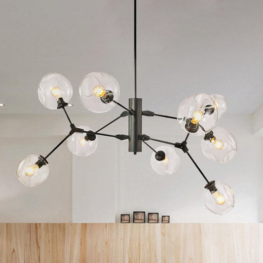 Minimalist 9-Bulb Black Sphere Chandelier With Clear Dimpled Glass Branch Pendant Light